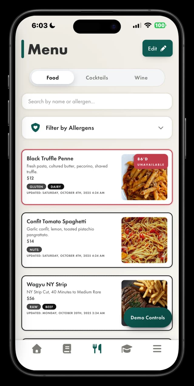 Servero menu screen with allergen filters